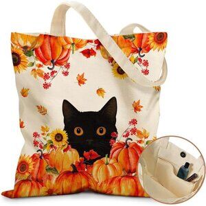 Fall Pumpkin Black Cat Halloween Fall Tote Bag Canvas